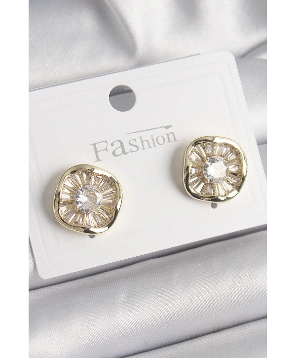 Pirinç Gold Renk Zirkon Taşlı Yonca Model Kadın Küpe