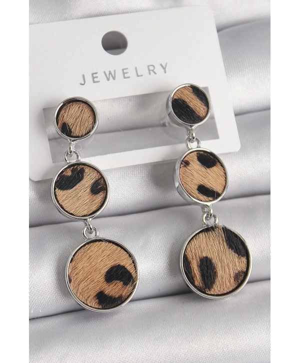 Pirinç Gümüş Renk 3Lü Daire Plaka Leopar Desenli Kadın Küpe