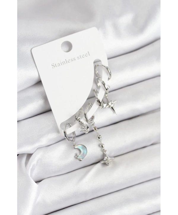 Pirinç Gümüş Renk Ay Model Kadın Set Küpe