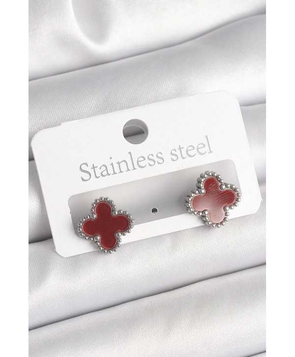 Pirinç Gümüş Renk Bordo Yonca Model Kadın Küpe