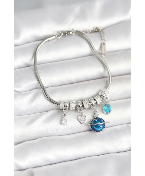 Pirinç Gümüş Renk Dünya Charmlı Kadın Bileklik