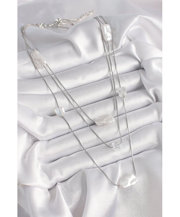 Pirinç Gümüş Renk Ezme İnci Model Çoklu Kadın Kolye