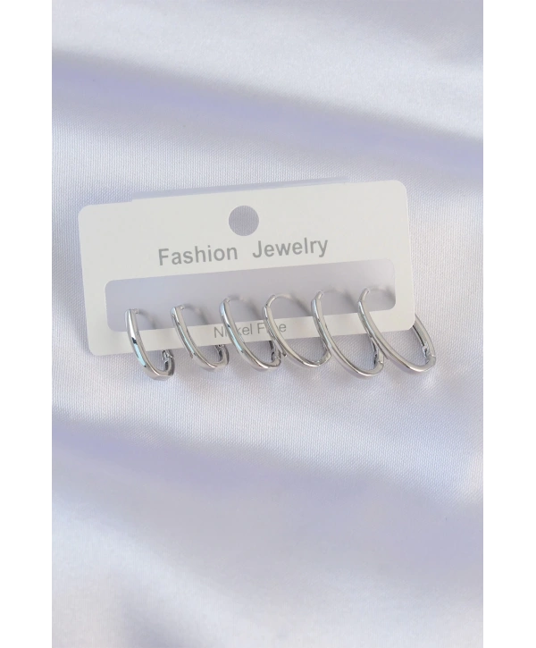 Pirinç Gümüş Renk İnce Oval Küpe Seti