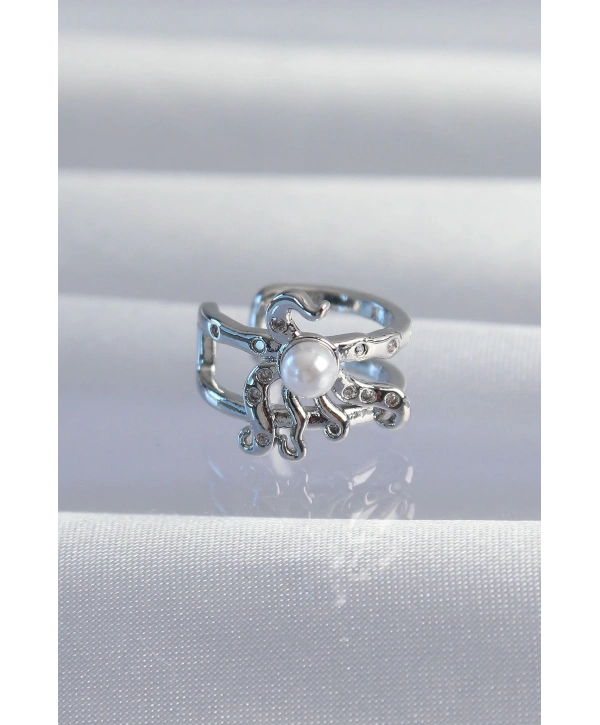 Pirinç Gümüş Renk İncili Ahtapot Earcuff Küpe