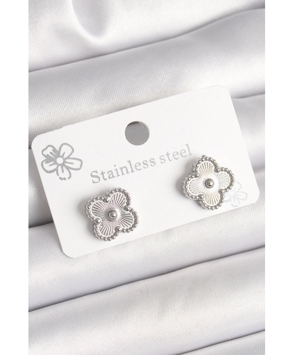 Pirinç Gümüş Renk İşlemeli Yonca Model Kadın Küpe