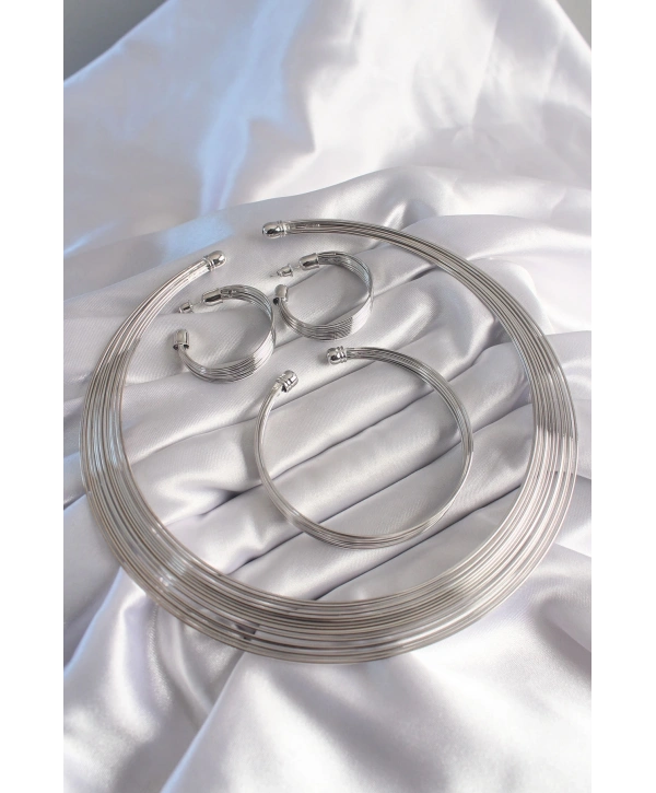 Pirinç Gümüş Renk Kolye Küpe Bileklik Seti