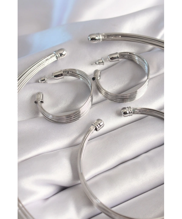 Pirinç Gümüş Renk Kolye Küpe Bileklik Seti