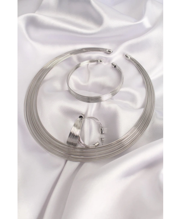 Pirinç Gümüş Renk Kolye Küpe Bileklik Seti