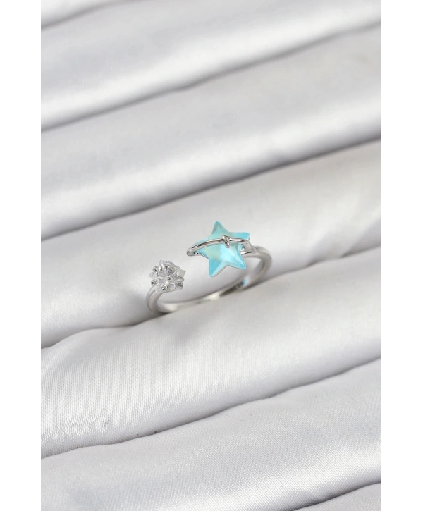 Pirinç Gümüş Renk Mavi Yıldızlı Model Kadın Yüzük