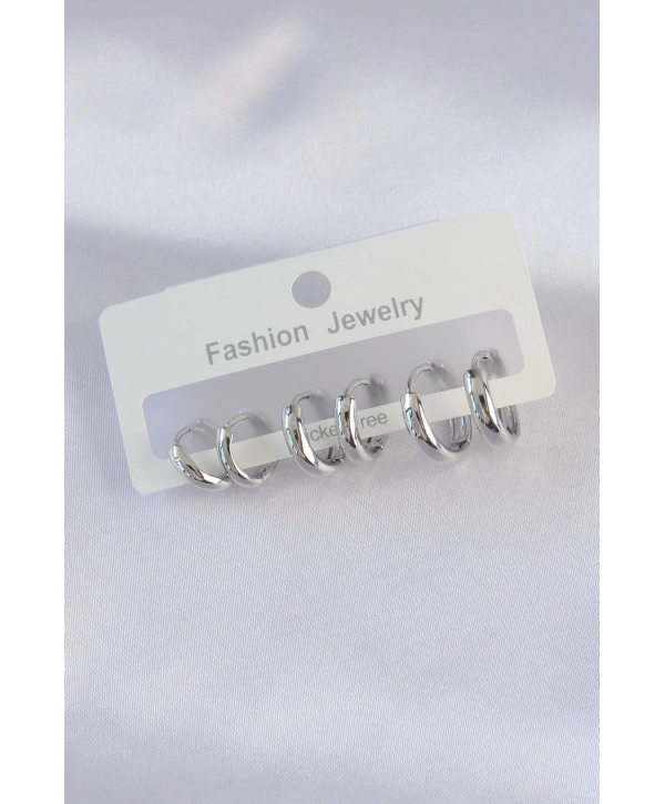 Pirinç Gümüş Renk Oval Bombeli Küpe Seti