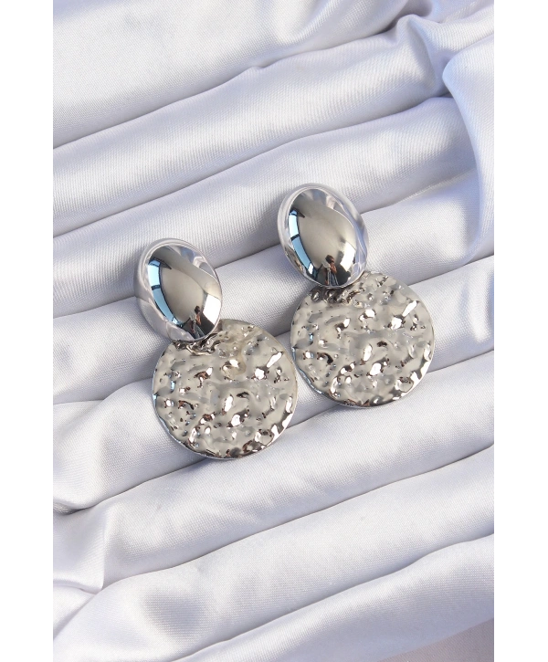 Pirinç Gümüş Renk Oval Ezme Plaka Küpe