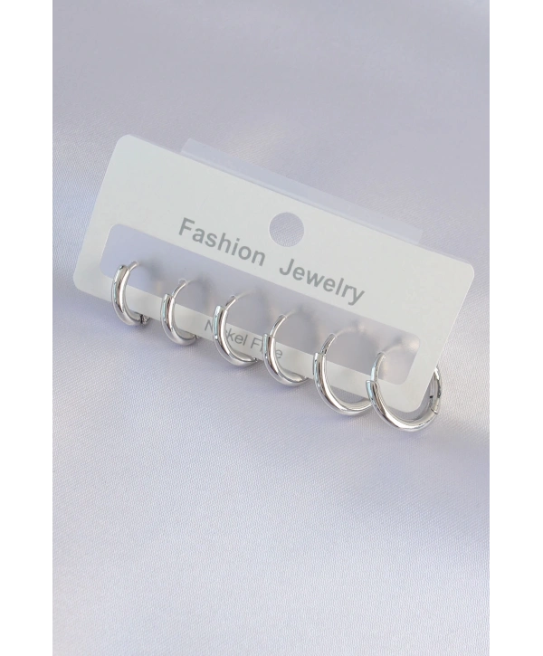 Pirinç Gümüş Renk Oval Küpe Seti