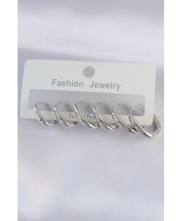 Pirinç Gümüş Renk Oval Küpe Seti