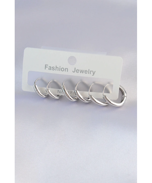 Pirinç Gümüş Renk Oval Küpe Seti