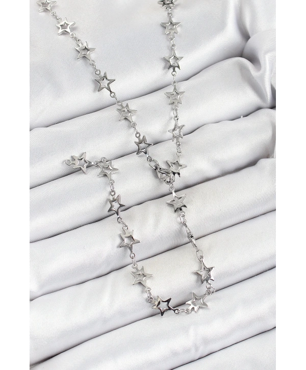 Pirinç Gümüş Renk Yıldızlı Kadın Y Kolye