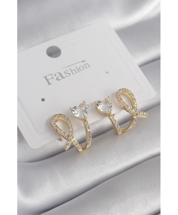 Pirinç Gümüş Renk Zirkon Taşlı Kalp Model Kadın Küpe