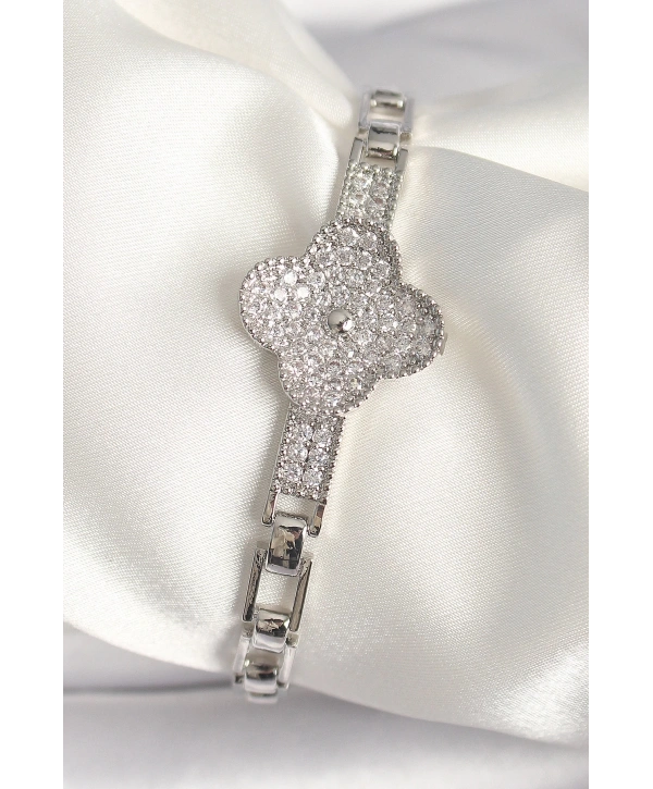 Pirinç Gümüş Renk Zirkon Taşlı Yonca Model Kadın Bileklik