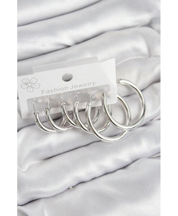 Pirinç Halka Model Gümüş Renk Kadın Set Küpe