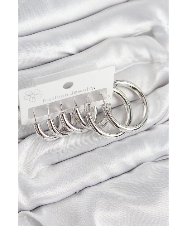 Pirinç Halka Model Gümüş Renk Kadın Set Küpe