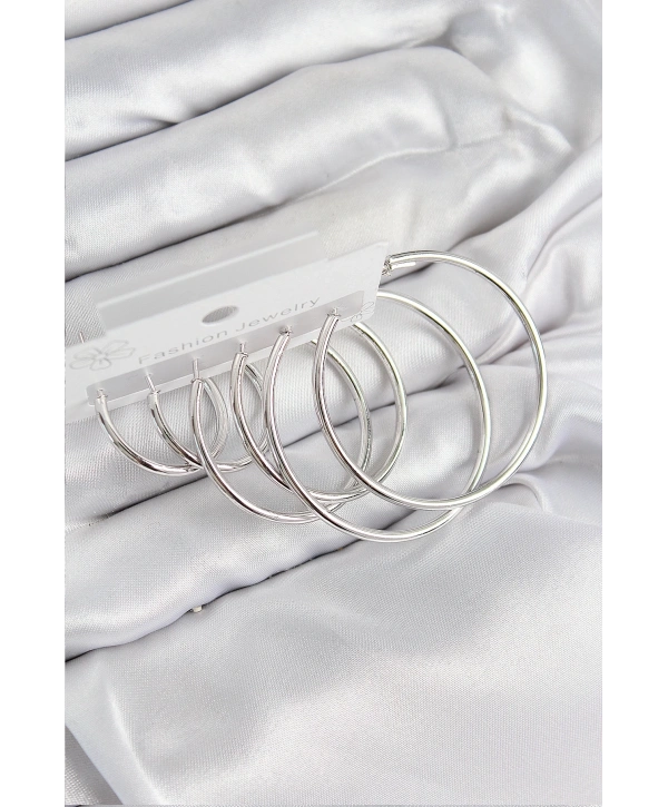 Pirinç Halka Model Gümüş Renk Kadın Set Küpe