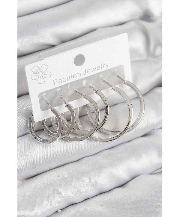 Pirinç Halka Model Gümüş Renk Kadın Set Küpe