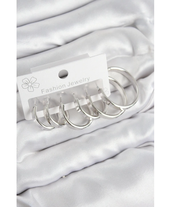 Pirinç Halka Model Gümüş Renk Kadın Set Küpe