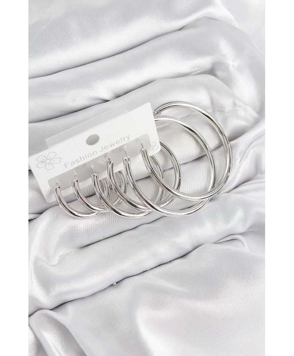 Pirinç Halka Model Gümüş Renk Kadın Set Küpe