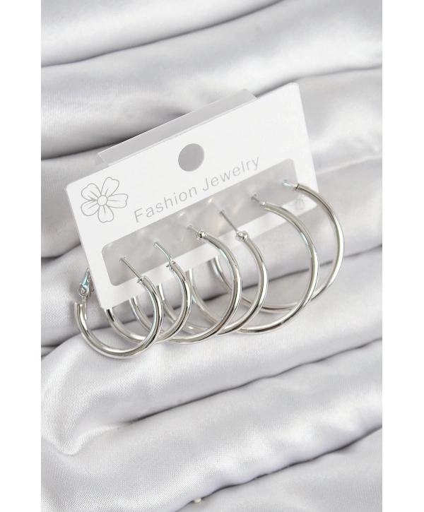 Pirinç Halka Model Gümüş Renk Kadın Set Küpe