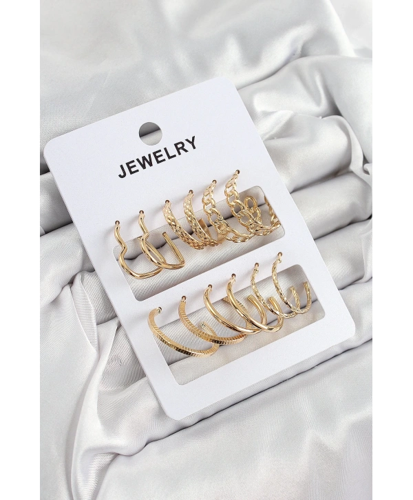 Pirinç Karışık Halka Model Gold Renk 6 Çift Kadın Küpe Set