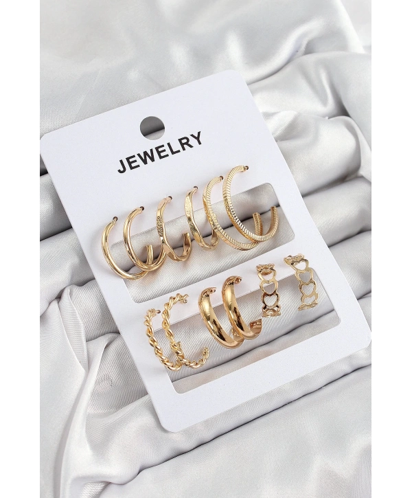 Pirinç Karışık Halka Model Gold Renk 6 Çift Kadın Küpe Set