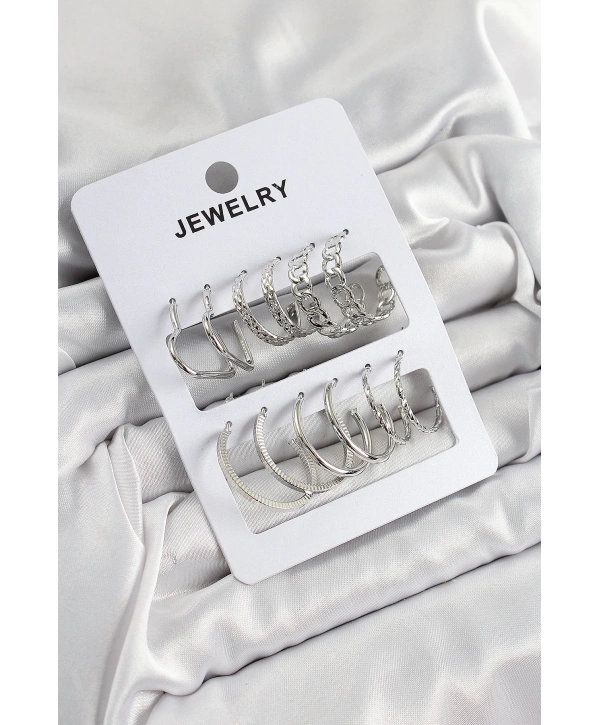 Pirinç Karışık Halka Model Gümüş Renk 6 Çift Kadın Küpe Set