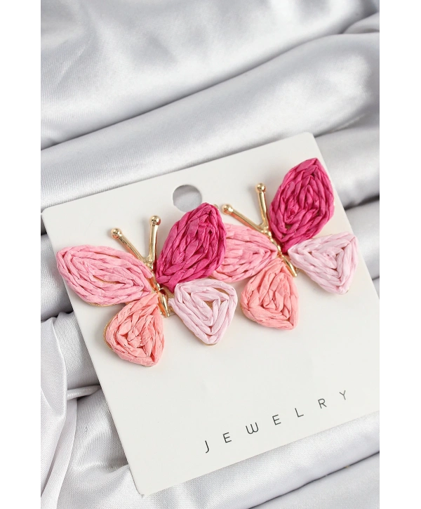 Pirinç Pembe Kelebek Model Gold Renk Kadın Hasır Küpe