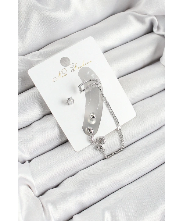 Pirinç Yılan Figürlü Zirkon Taşlı Gümüş Renk 3lü Kıkırdak Kadın Küpe Set