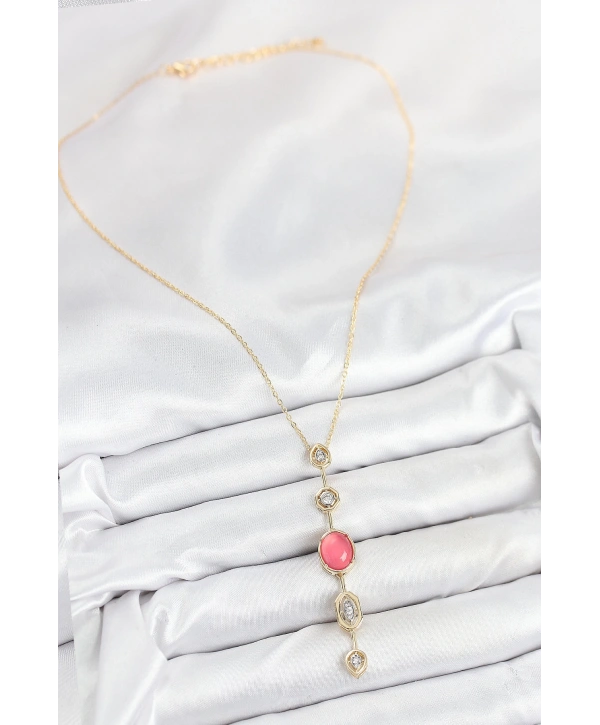 Pirinç Zincir Pembe Gold Renk Zirkon Taşlı Y Kolye