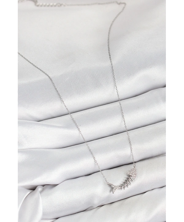 Pirinç Zirkon Taşlı Balık Kılçığı Model Gümüş Renk Kadın Kolye