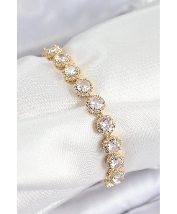 Pirinç Zirkon Taşlı Daire Baget Model Gold Renk VIP Seri Kadın Bileklik