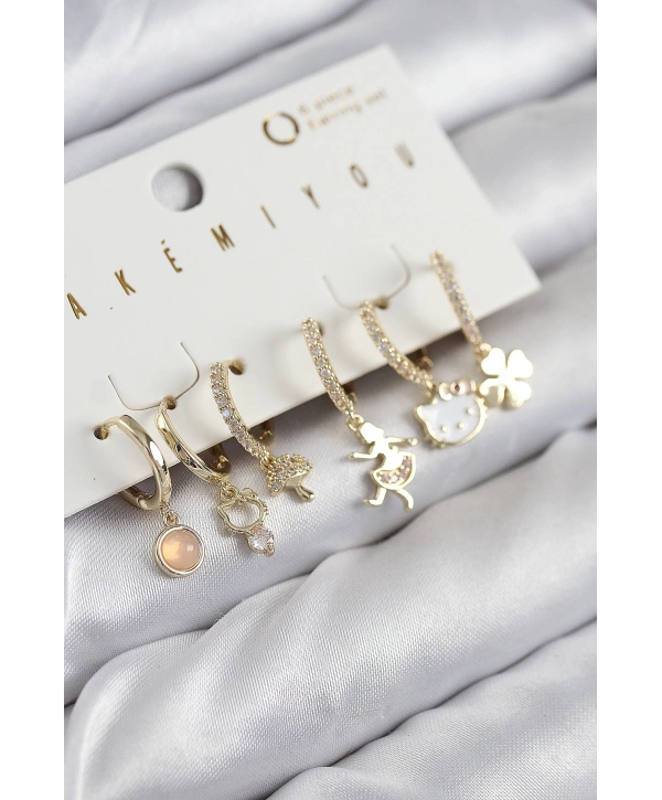 Pirinç Zirkon Taşlı Hello Kity Ve Yonca Model Gold Renk 6lı Küpe Set