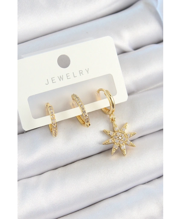 Pirinç Zirkon Taşlı Kutup Yıldızı Model Gold Renk 3lü Çift Kadın Küpe Set