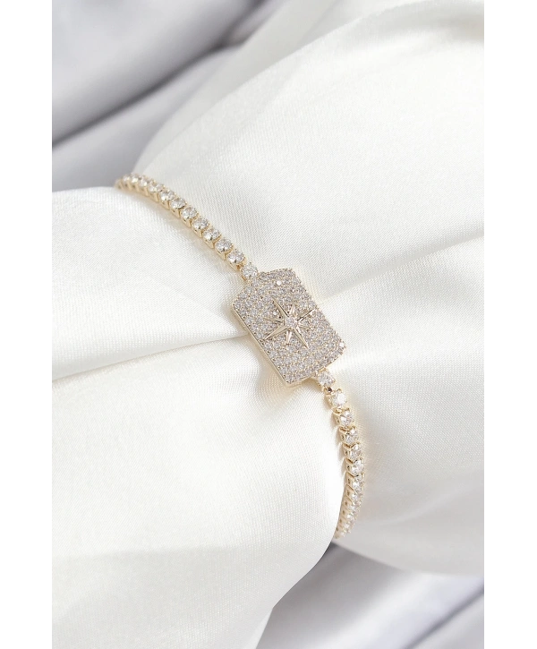 Pirinç Zirkon Taşlı Kutup Yıldızı Model Gold Renk Asansörlü Kadın Bileklik