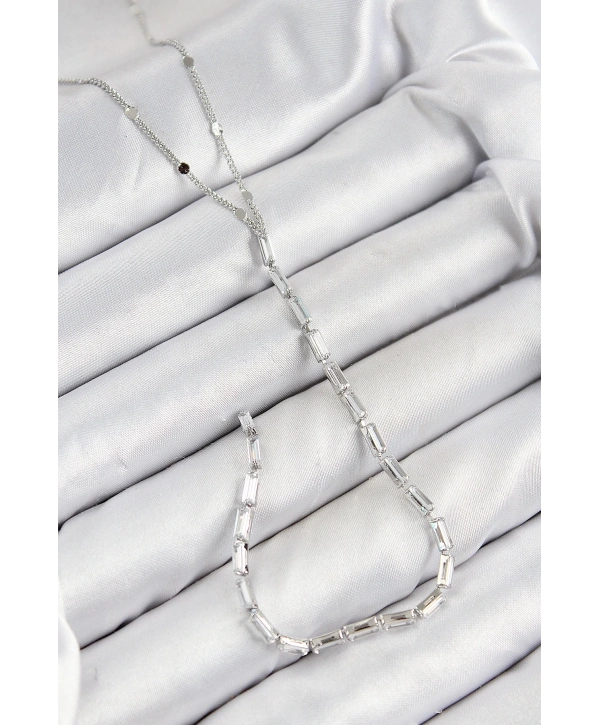 Pirinç Zirkon Taşlı Model Gümüş Renk Y Kolye