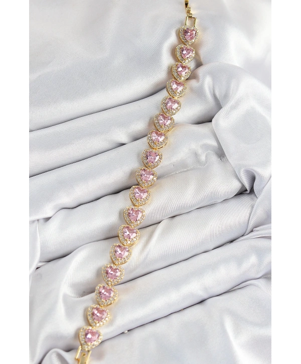 Pirinç Zirkon Taşlı Pembe Kalp Baget Model Gold Renk VIP Seri Kadın Bileklik