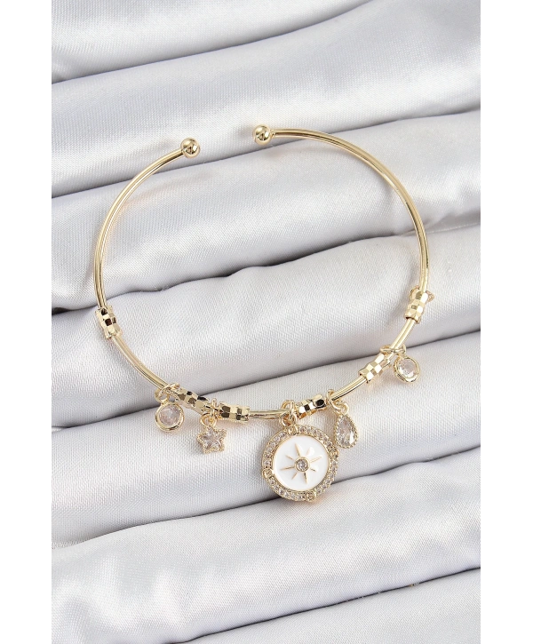 Pirinç Zirkon Taşlı Pusula Model Gold Renk Charm Bileklik