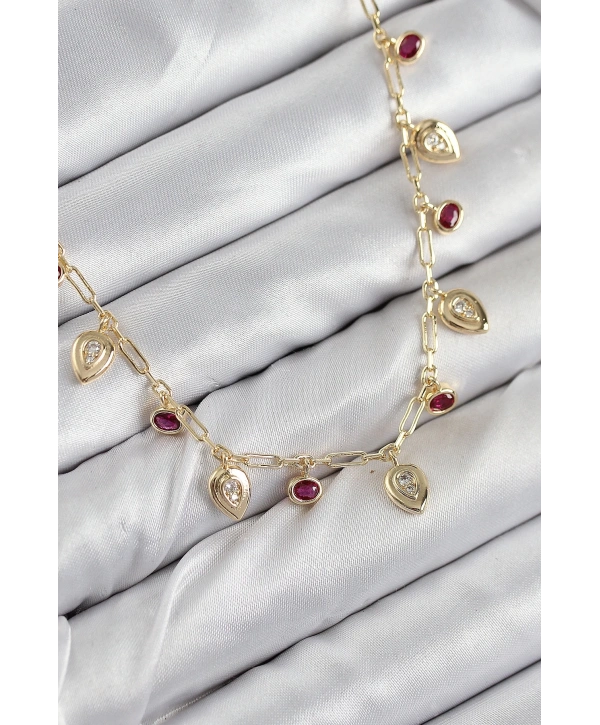 Pirinç Zirkon Taşlı Sallantılı Damla Model Gold Renk Kadın Kolye