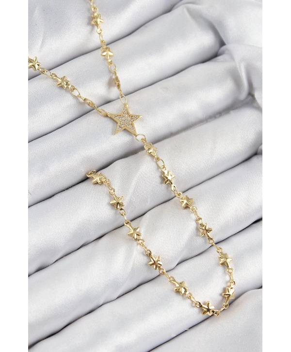 Pirinç Zirkon Taşlı Yıldız Model Gold Renk Y Kolye