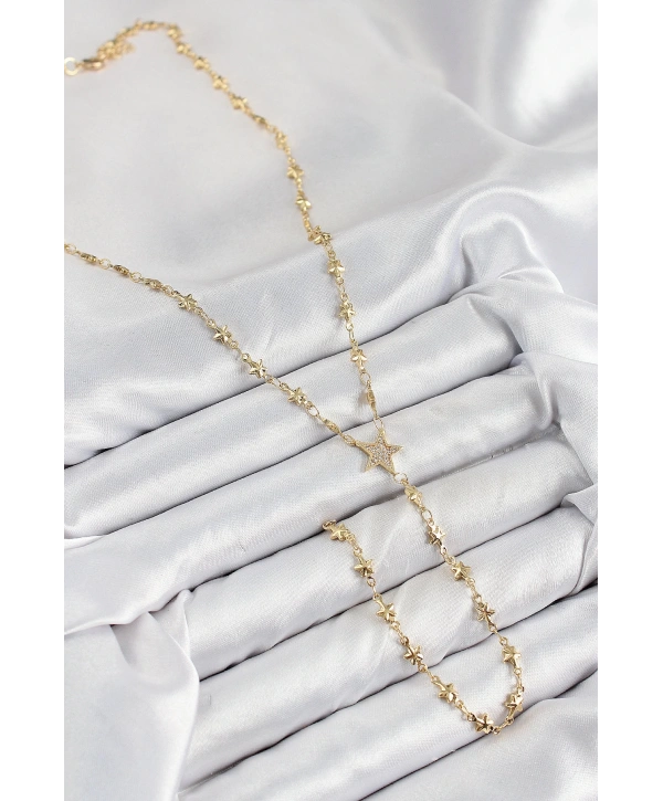 Pirinç Zirkon Taşlı Yıldız Model Gold Renk Y Kolye