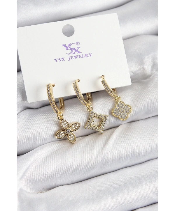 Pirinç Zİrkon Taşlı Yonca Model Gold Renk 3lü Kadın Küpe