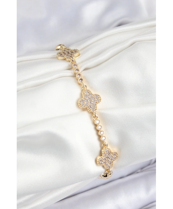 Pirinç Zirkon Taşlı Yonca Model Gold Renk Kadın Bileklik