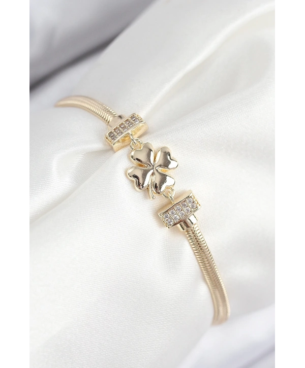 Pirinç Zirkon Taşlı Yonca Model Gold Renk Kadın Bileklik