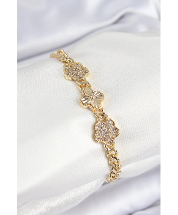 Pirinç Zirkon Taşlı Yonca Model Gold Renk Kadın Bileklik