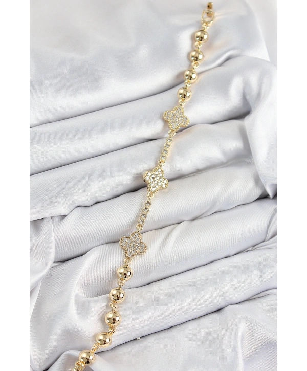 Pirinç Zirkon Taşlı Yonca Model Gold Renk Kadın Bileklik